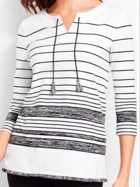 Talbots White & Black Striped Tassel Top size large